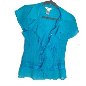 S.L.B Blue Button Up Ruffle and lace Blouse M